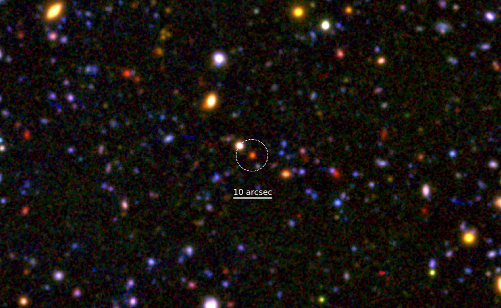 A blow-up of a small portion of the Subaru/XMM-Newton Deep Field.  The red galaxy at the center is a dying galaxy at 12 billion years ago.  Astronomers measured the motion of stars in the galaxy and found that the core of the galaxy is nearly fully formed. Credit: NAOJ/M. Tanaka
