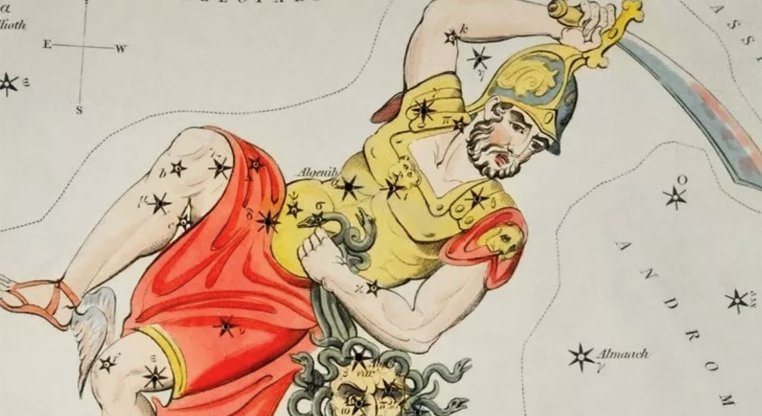 Illustration af stjernebilledet Perseus. Læg mærke til stjernen i Medusas øje, som man kan se ’pulsere’ på nattehimlen i oktober og de næste mørke måneder. (Shutterstock).