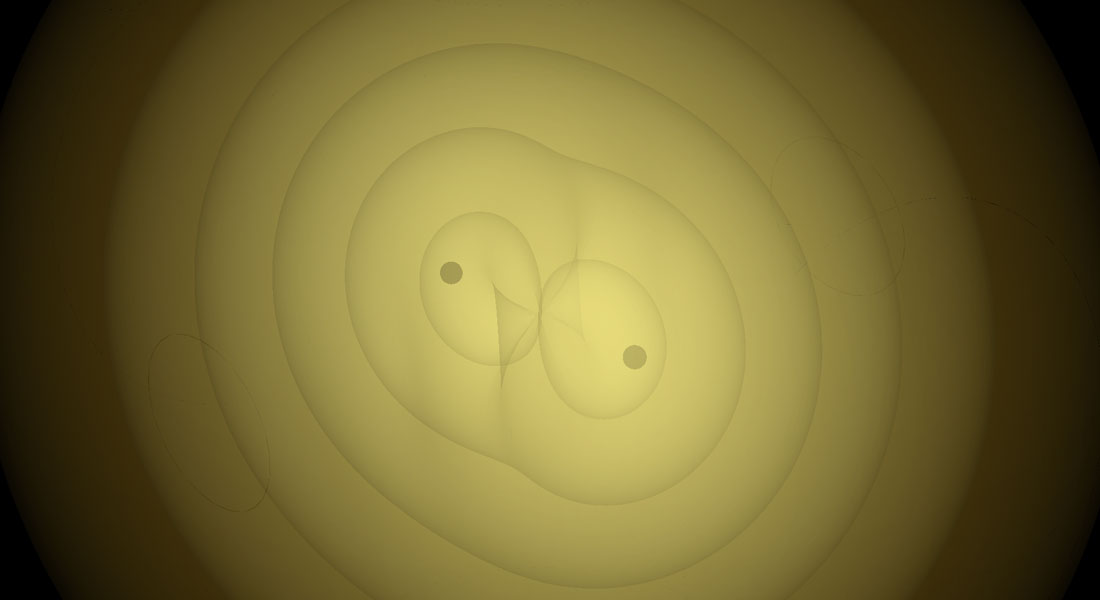 Afbildning af data ved begyndelsen af simulationen, som beskriver to sorte huller i et miljø. Ved hjælp af numerisk udvikling vil hullerne smelte sammen og udsende gravitationsbølger, hvilket kan lære os noget om, hvad vi kan forvente fra kosmos. Kreditering: Miguel Zilhão Afbildning af data ved begyndelsen af simulationen, som beskriver to sorte huller i et miljø. Ved hjælp af numerisk udvikling vil hullerne smelte sammen og udsende gravitationsbølger, hvilket kan lære os noget om, hvad vi kan forvente fra kosmos. Kreditering: Miguel Zilhão