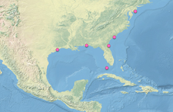 Lokation af målinger på den Amerikanske østkyst
