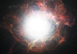 Kunstnerisk billede af støvdannelse omkring supernova