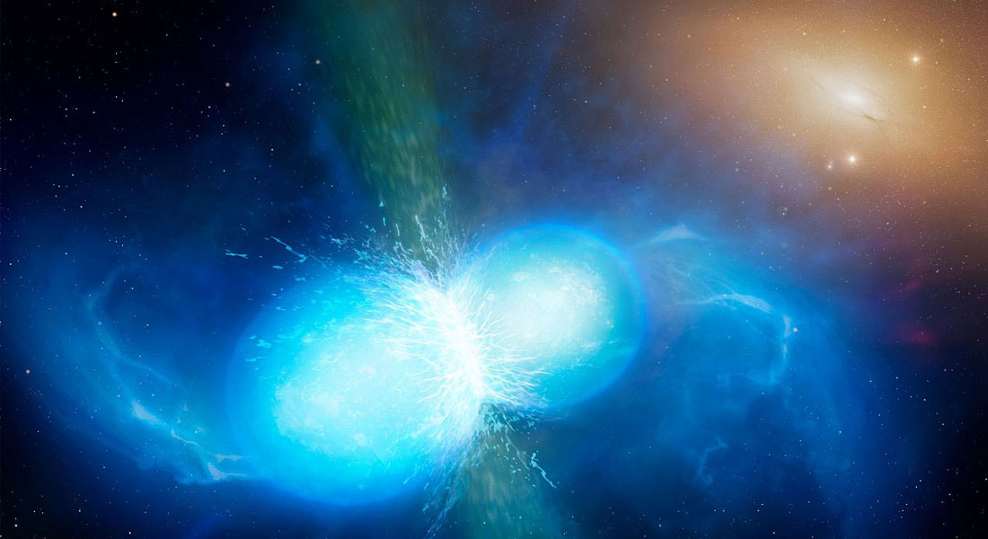 Kunstnerisk fremstilling af sammenstød mellem to neutronstjerner. 