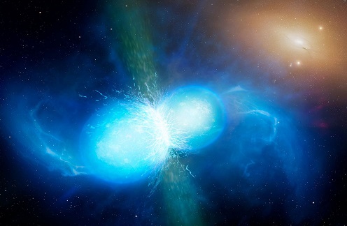 Illustration af to neutronstjerner, der støder sammen. Credit: University of Warwick/Mark Garlick