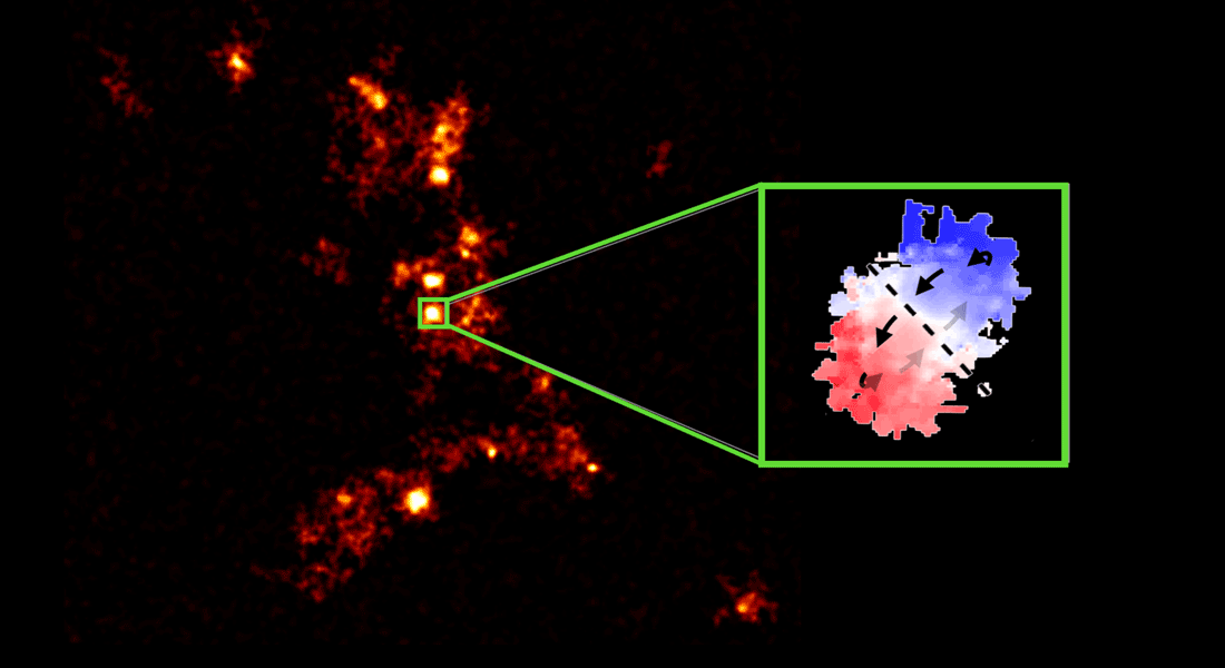 Den tunge, hyper-lysstærke galakse W0410-0913 og dens omgivelser, set 12 milliarder år tilbage i tiden. 