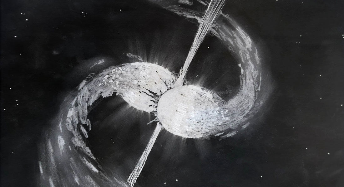 Kunstnerisk opfattelse af kolliderende neutronstjerner: Efter at have spiralleret rundt om hinanden i hundrede millioner af år smelter to neutronstjerner endelig sammen, mens de udstråler energirig stråling i smalle “jets”. Hvis vi tilfældigvis ligger i retningen af sådan en jet, kan vi se den som et gammaglimt. Illustration: Peter Laursen (Cosmic Dawn Center).