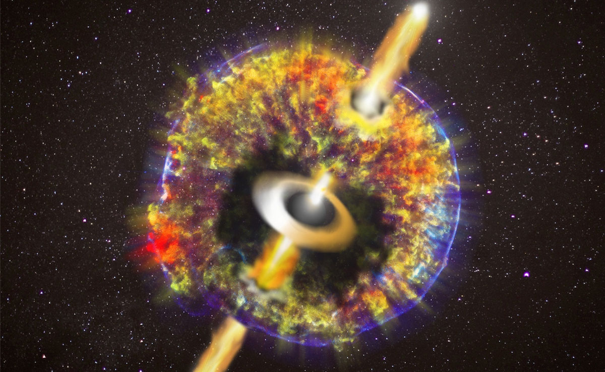 Kunstnerisk opfattelse af et sammenstød af neutronstjerner som, foruden den radioaktive ildsky, efterlader et sort hul og en jet af hurtigt bevægende materiale fra sine poler. Illustration: O.S. SALAFIA, G. GHIRLANDA, CXC/NASA, GSFC, B. WILLIAMS ET AL