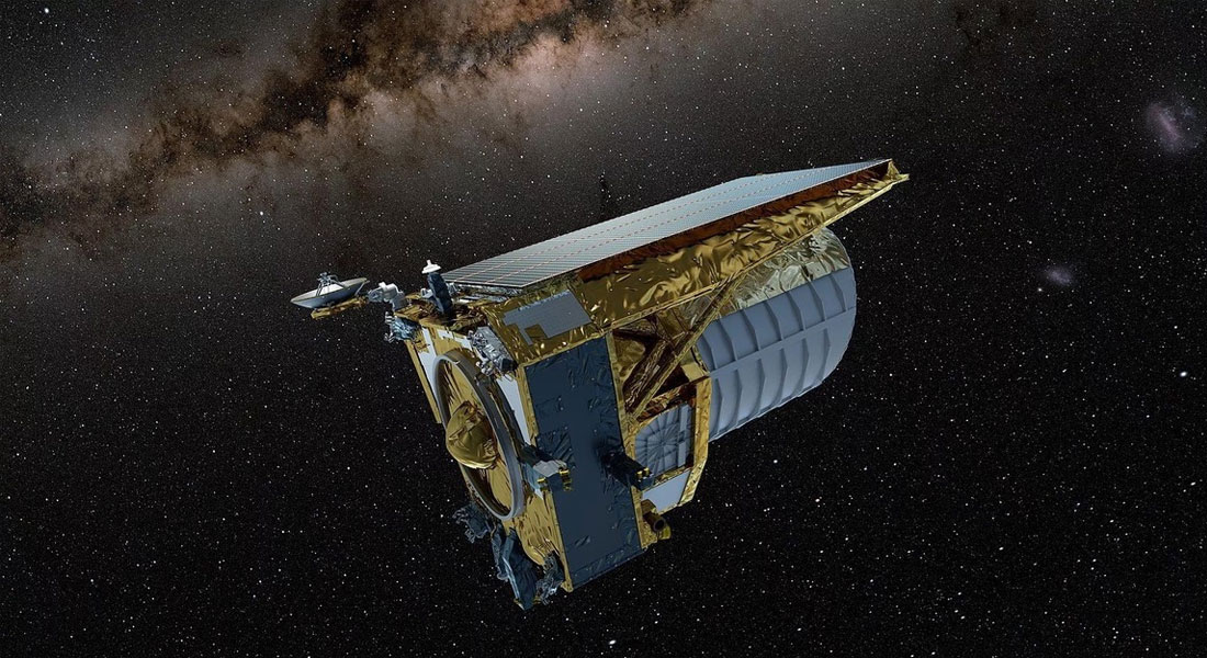 Kunstnerisk fremstilling af Euclid-teleskopet, der, ligesom rumteleskopet James Webb, kredser om et punkt kendt som L2, 1.5 millioner kilometer fra Jorden. Kredit: ATG/ESA.