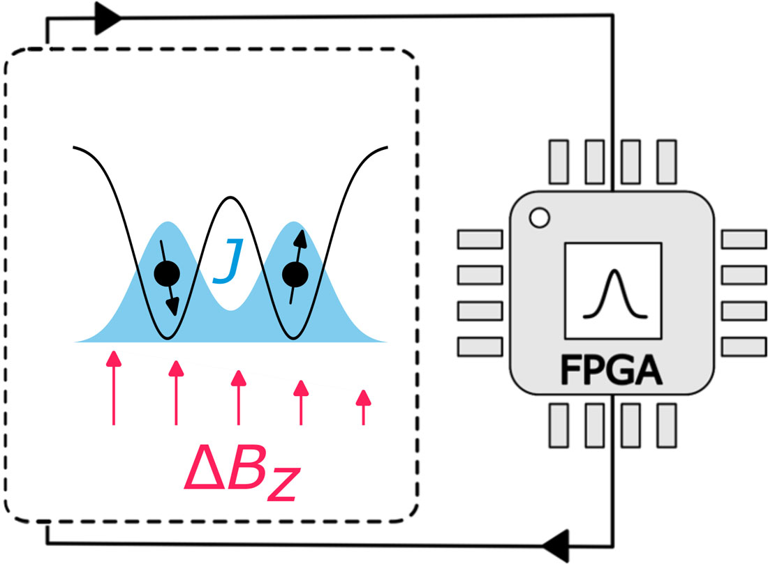 En qubit er kvantecomputerens avancerede modstykke til en bit. Projektets qubit består af to elektroner, der er fanget i en krystal. Elektronernes spin (her er der vist spin nedad for den ene, opad for den anden) kan styres ved at ændre gradienten for magnetfeltet ΔBz. Imidlertid påvirker både magnetisk og elektrisk støj denne gradient. En FPGA (Field-Programable Gate Array) mikroprocessor måler niveauet af støj løbende og justerer for ændringer i real-tid.