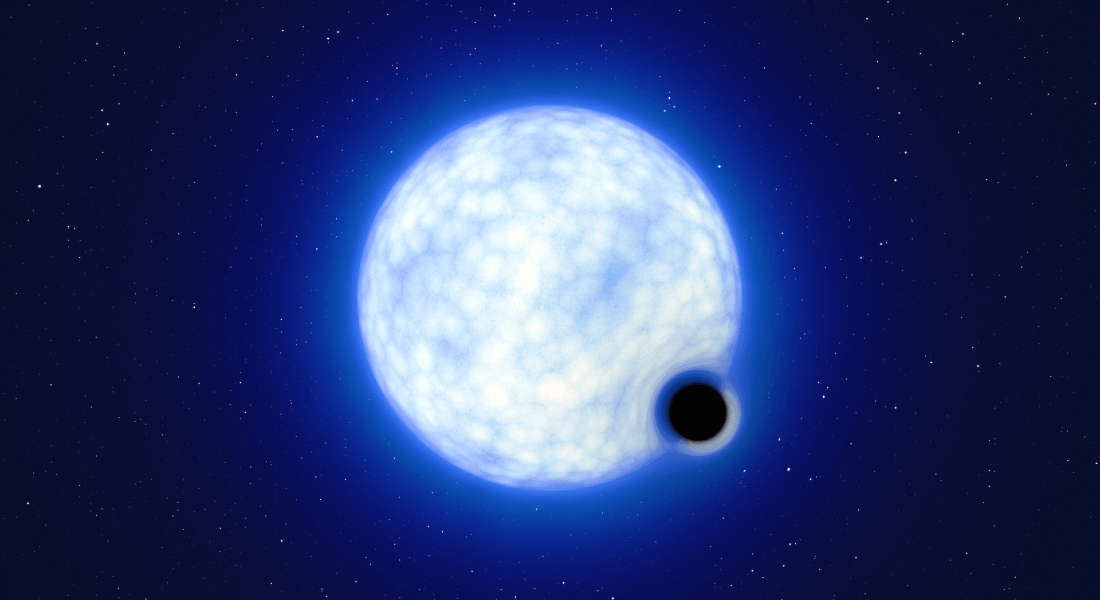 Forestiller det binære stjernesystem VFTS 243, der består af en stor blå stjerne og et stellert sort hul i kredsløb.
