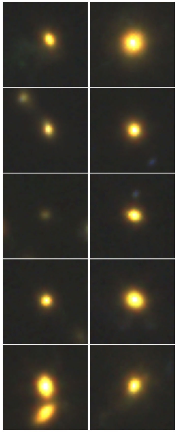 Udsnit af de 11 inaktive galakser opdaget i Cosmic Vine. Kredit: Sillassen et al. (2026).