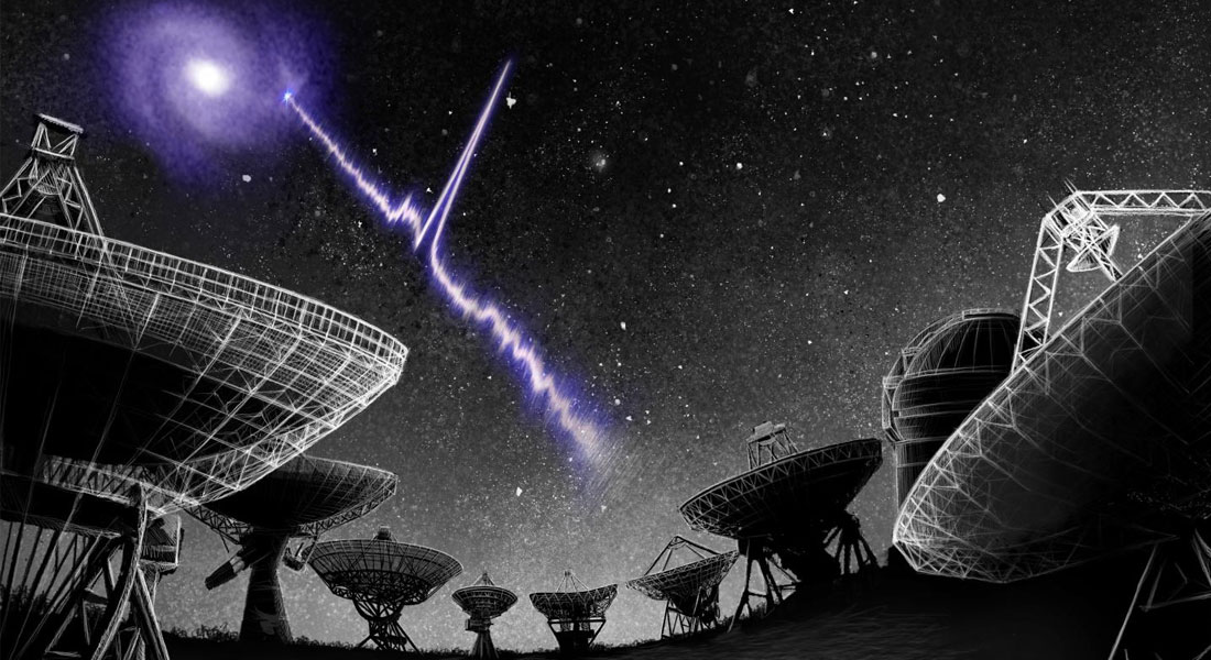 An artist's conception of the localization of fast radio burst FRB 20180916B to its host galaxy. 