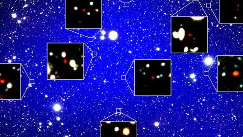 Picture of the protocluster with smaller pictures zoomed in of singular starts/galaxies