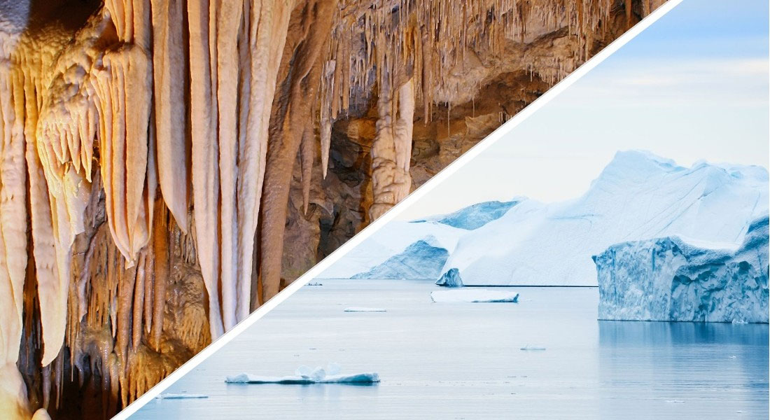 Photo collage of  stalactite caves and ice Greenland