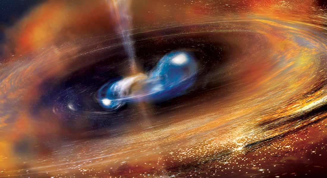 Artist’s conception of a gamma-ray burst caused by the violent collision of two massive neutron stars.