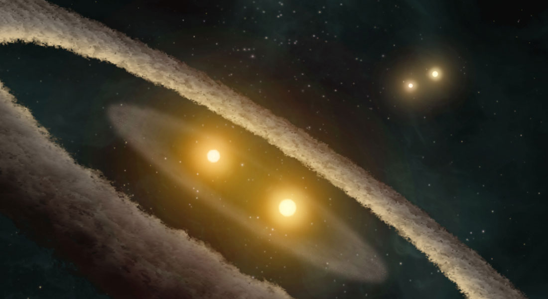 Artist’s interpretation of HD 98800, a quadruple-star system located 150 light-years away in the constellation TW Hydrae. Image credit: NASA/JPL-Caltech/UCLA