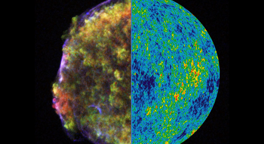 Illustration of the two methods used to measure the expansion of the Universe: The left hemisphere shows the expanding remnant of the supernova discovered by Tycho Brahe in 1572, here observeret in X-rays (credit: NASA/CXC/Rutgers/J.Warren & J.Hughes et al.). On the right is a map of the cosmic background radiation from one half of the sky, observed in microwaves (credit: NASA/WMAP Science Team).