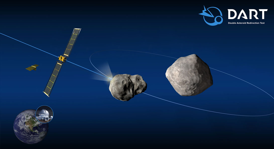 An artist's rendering of the Double Asteroid Redirection Test (DART) mission - NASA's first mission to successfully demonstrate future planetary defense technology. Image source: NASA/Johns Hopkins University Applied Physics Laboratory