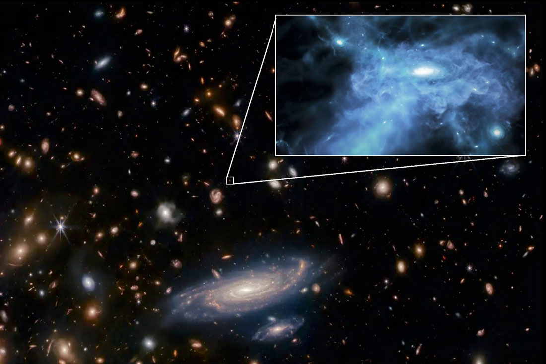 Artist's impression of a galaxy in the process of forming by accreting gas from its surroundings, more than 13 billion years ago, superimposed on a field of galaxies as seen by Webb. Credit: J. Olmsted (STScI), ESA/Webb, NASA & CSA, A. Martel, and K. E. Heintz (DAWN).