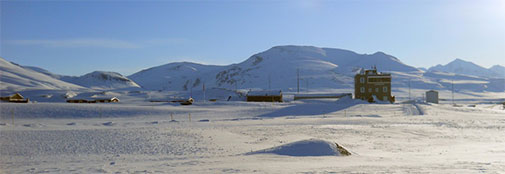 The Mestersvig base buildings. The staff lives in tower and we were accommodated in the barracks to the left. There are splendid views to mountains in all directions. The Mestersvig base buildings