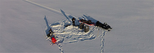 The hang auger drill team (Johannes, Todd, and Emily) as seen from Todd’s drone. We now have cores around camp for constraining snow accumulation reconstructions. 