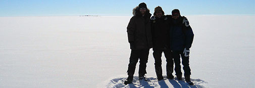Bo, Steff, and Trevor at the 1988 Renland drilling site. Steff was drilling an ice core at this exact spot 27 years ago! The present camp is seen at a distance in the background.