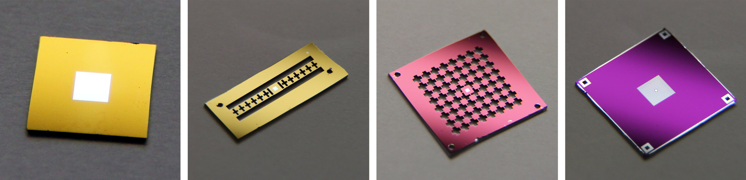 Four generations of optomechanical resonators. The rightmost device is the current design. (Photo from C.B. Møller, PhD thesis, 2018).