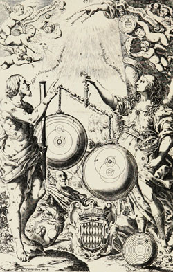 Dette kobberstik udgjorde forsiden af astronomen og præsten Ricciolis værk Almagestum novum fra 1651.