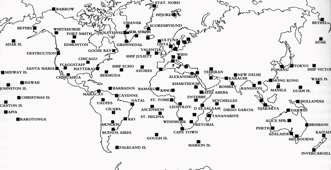 IAEA-netværk i 1962 vist på verdenskort