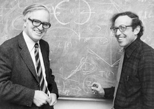 Ben Mottelson and Aage Bohr in front of a blackboard