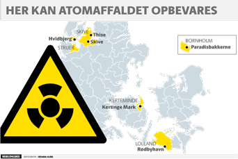 Opbevaringssteder for atomaffald vist på danmarkskort