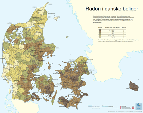 Mængden af Radon i danske boliger vist på Danmarkskort