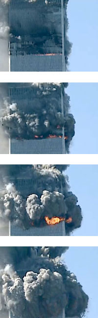 Fotoserie af forløbet, efter at et fly har ramt tårnet 