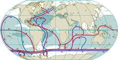 De større havstrømme i verden tegnet på verdenskort