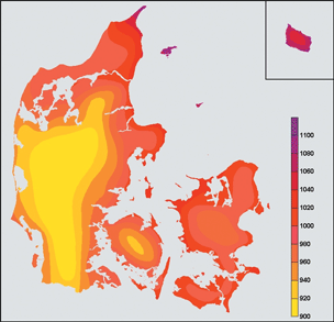 Danmarkskort over solindstråling